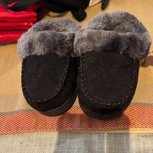 Cozy Black Suede and Faux Gray Fur Kids' Slippers